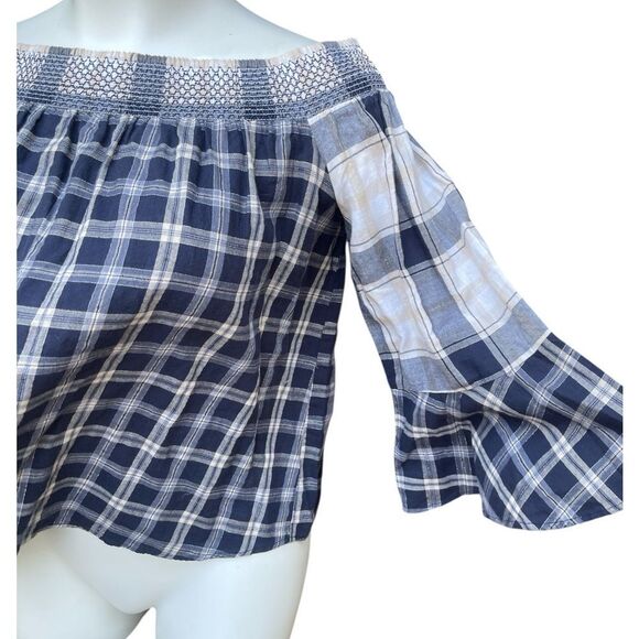LOFT Blue and White Checkered Off-Shoulder Bell Sleeves 3/4 super cute Large - Picture 2 of 5
